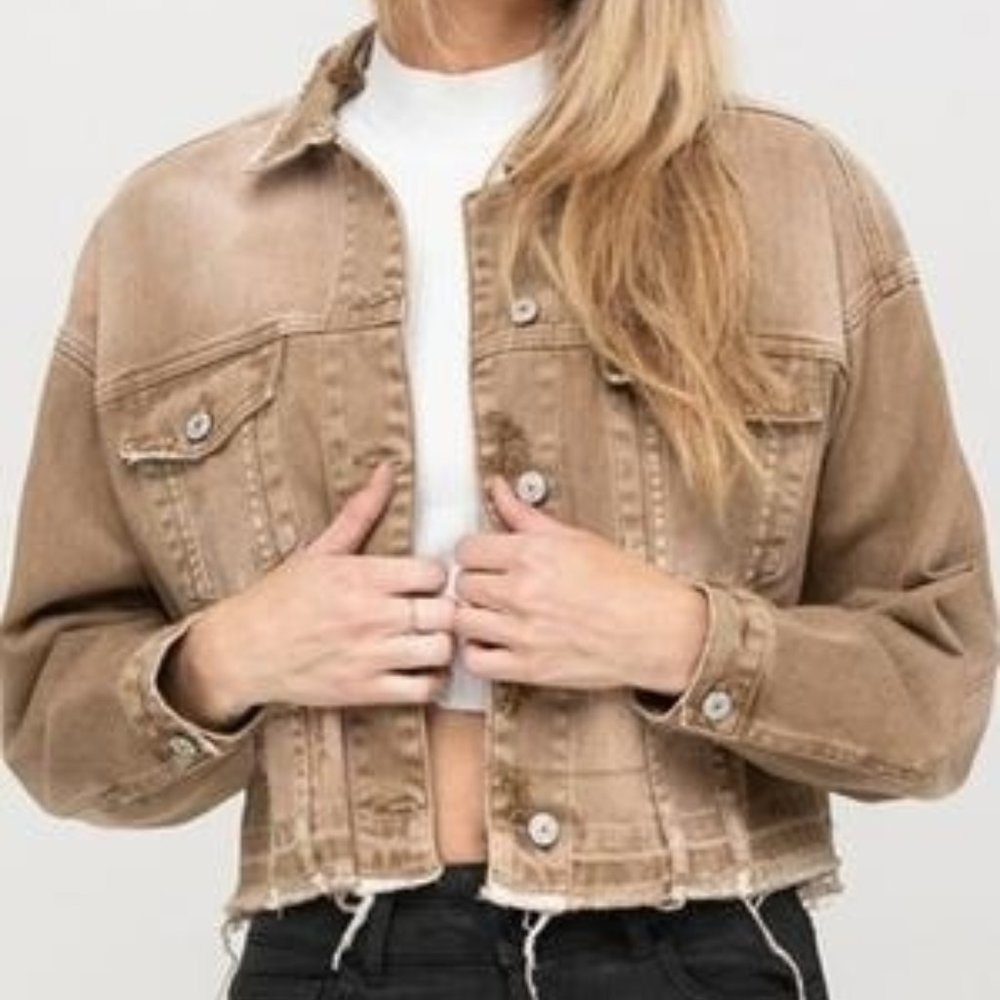 VERVET Oversized Distressed Tan Crop Denim Jacket